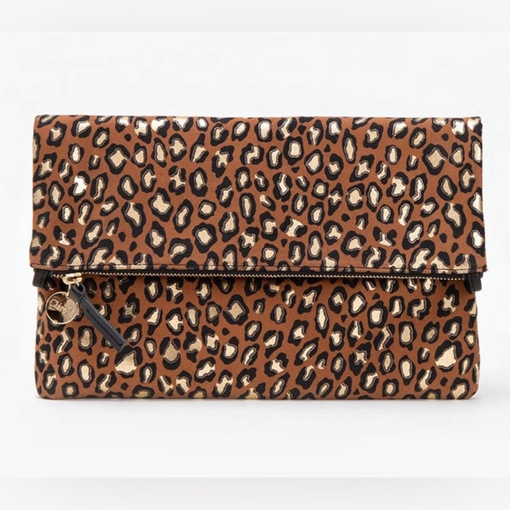 Clare V Foldover Clutch in Cognac Metal Cat, Leopard